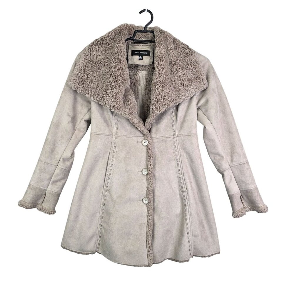 Womens Jones New York Beige Faux Suede & Fur Trim Coat Button Front Polyester M